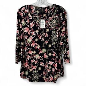 JM Collection Women's 3/4 Sleeve Scoop Neck Knit Top BLK Coral Floral Size XLP